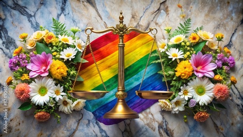 Wallpaper Mural Vibrant rainbow-colored scales of justice surrounded by flowers and subtle pride flag pattern on a marble or wooden background. Torontodigital.ca