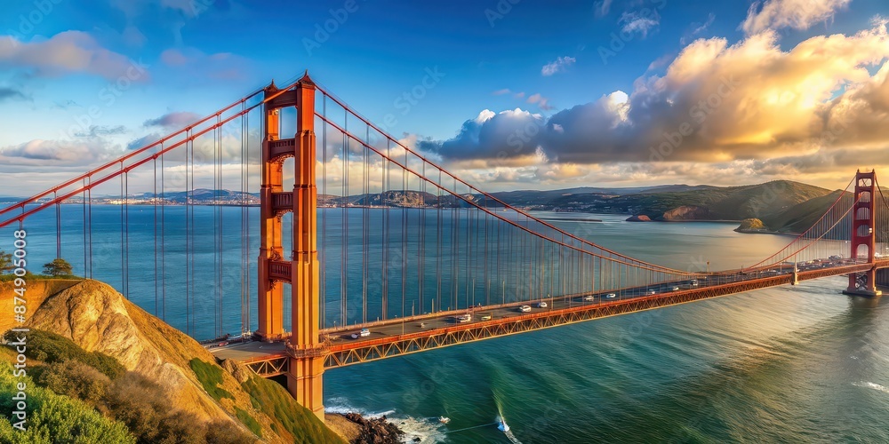 Panoramic view of the iconic Golden Gate Bridge in San Francisco, California, Golden Gate Bridge Panoramic view of the iconic Golden Gate Bridge in San Francisco, California, Golden Gate Bridge