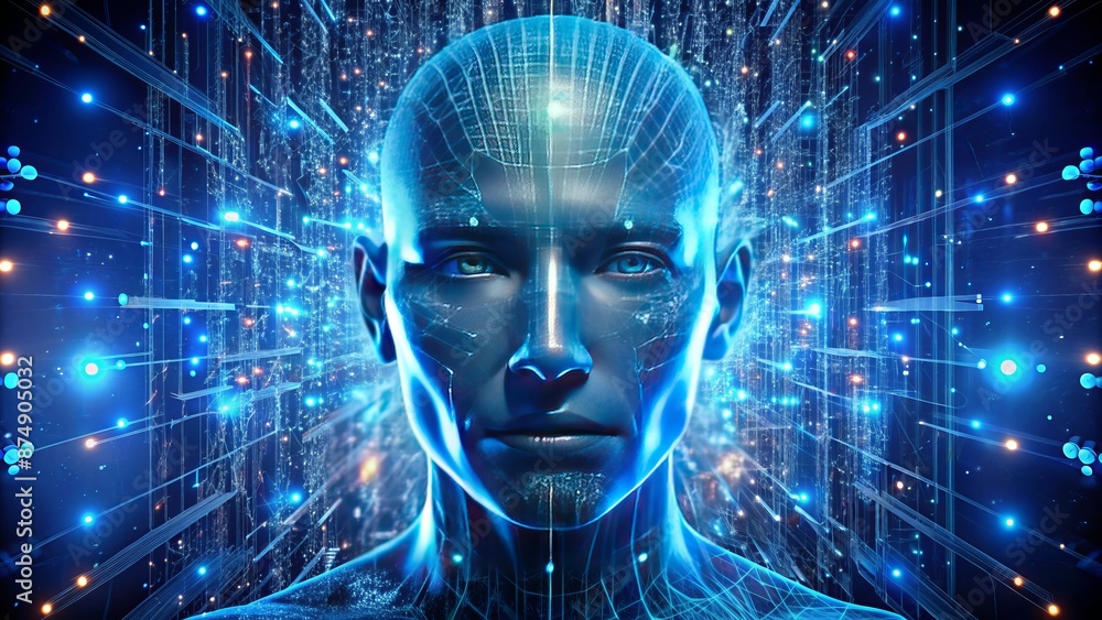 Sleek futuristic 3D rendering of a human face comprised of circuitry wires and glowing blue binary code fragments suspended mid-air. Sleek futuristic 3D rendering of a human face comprised of circuitry wires and glowing blue binary code fragments suspended mid-air.