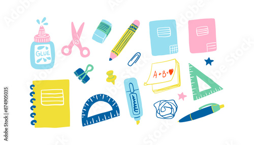 Cute stationery set. Office, school supplies, flat design. Notebook, pen, pencil, ruler, paper clip, sticky notes, push pin, highlighter, glue, eraser, scissors.