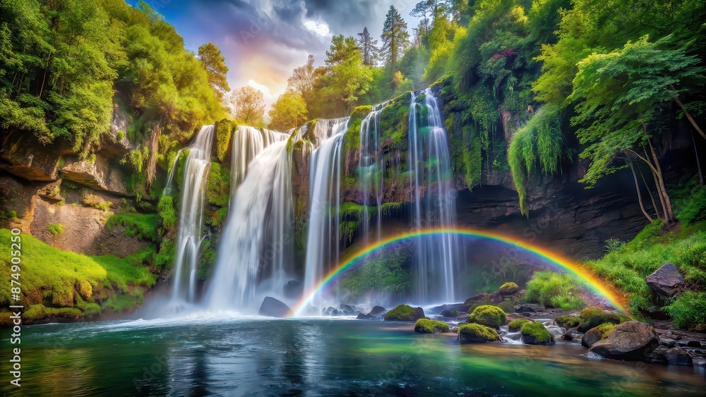 Naklejka premium Rainbow arching over a cascading waterfall in a lush forest setting, Rainbow, cascading waterfall, forest, nature