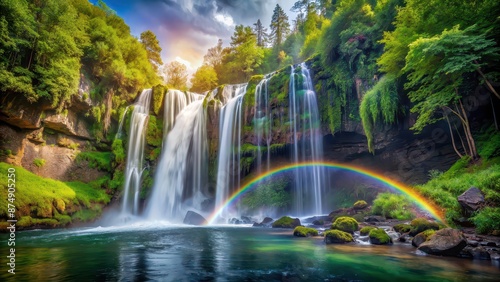 Rainbow arching over a cascading waterfall in a lush forest setting, Rainbow, cascading waterfall, forest, nature
