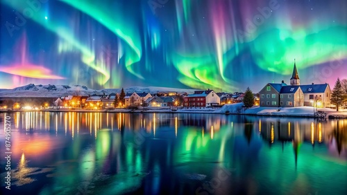 Vibrant colorful aurora borealis dances across starry night sky above snow-capped buildings and tranquil Tjornin lake in Reykjavik Iceland. photo