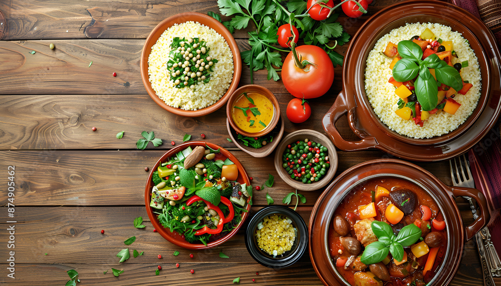 Traditional tajine dishes, couscous and fresh salad on rustic wooden table. Top view. Flat lay Traditional tajine dishes, couscous and fresh salad on rustic wooden table. Top view. Flat lay
