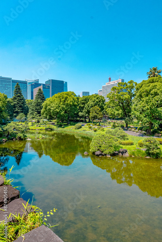 Tall building and Trees, Lake in Japan