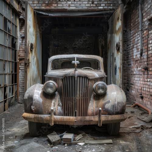 an old car sits in an abandoned garage photo