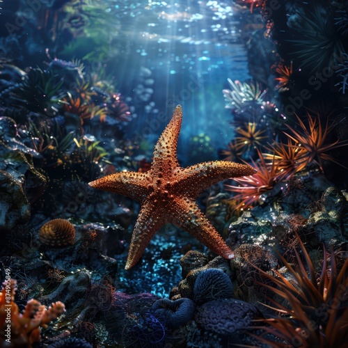 an underwater scene with a starfish and coral