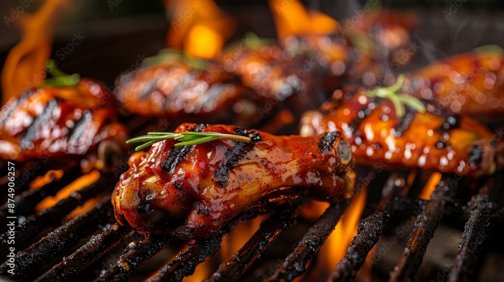 Marinated Chicken Wings on hot Grill: Chicken wings on the grill, coated in a rich, colorful marinade, with herbs and spices.
Marinated Chicken Wings on hot Grill: Chicken wings on the grill, coated in a rich, colorful marinade, with herbs and spices.