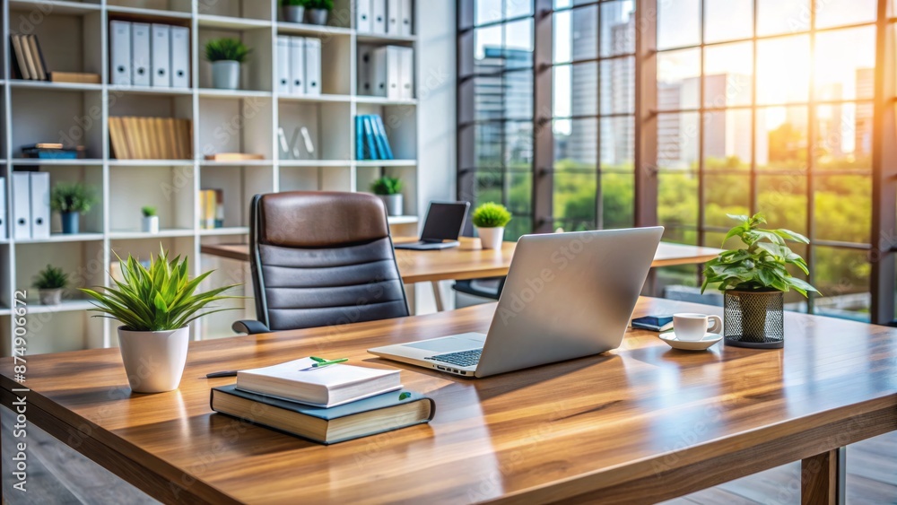 Modern office background with laptop computer and notepad on desk, surrounded by career development books and empty chairs. Modern office background with laptop computer and notepad on desk, surrounded by career development books and empty chairs.