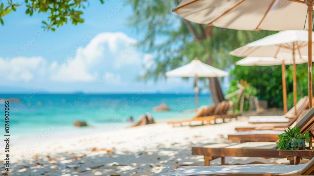 A serene beach scene with lounge chairs and umbrellas under a sunny sky, perfect for a relaxing vacation. A serene beach scene with lounge chairs and umbrellas under a sunny sky, perfect for a relaxing vacation.