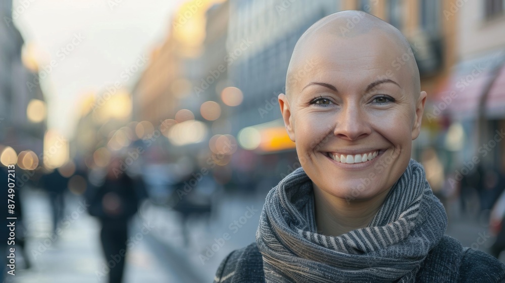 A smiling bald woman stands on a busy city street with people and bokeh lights in the background, exuding positivity. A smiling bald woman stands on a busy city street with people and bokeh lights in the background, exuding positivity.