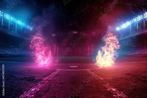 a baseball stadium and cross baseball bats with fire,