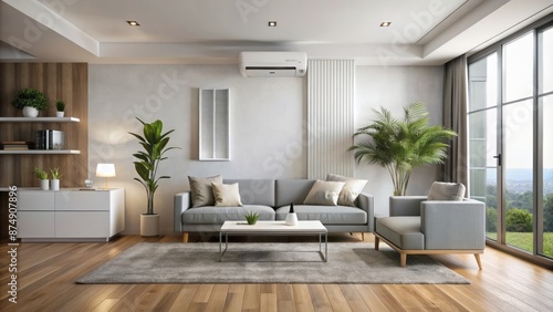 Modern minimalist living room with sleek air purifier and wall-mounted AC unit, tidy furniture, and ample copy space.