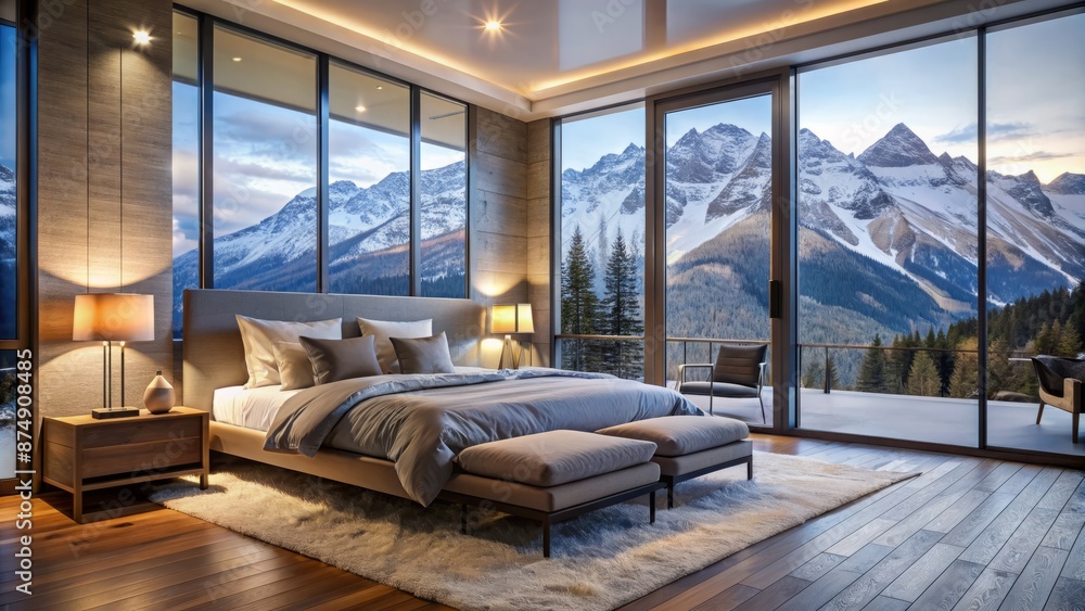 Sleek modern bedroom features floor-to-ceiling windows showcasing breathtaking snow-capped mountain views, warm lighting, and plush furnishings for cozy retreat. Sleek modern bedroom features floor-to-ceiling windows showcasing breathtaking snow-capped mountain views, warm lighting, and plush furnishings for cozy retreat.
