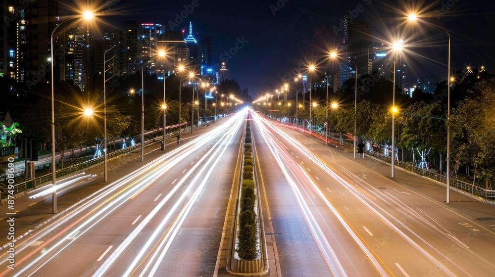 LED streetlights illuminating a city street, demonstrating energy-efficient technology LED streetlights illuminating a city street, demonstrating energy-efficient technology