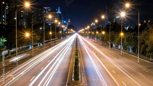 LED streetlights illuminating a city street, demonstrating energy-efficient technology © MarkFinal