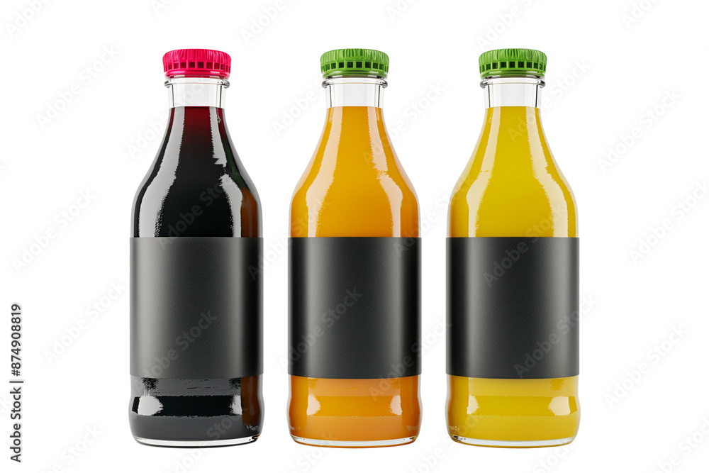 A mockup of 3 juice bottles with black label no name, 1 red, 1 green, 1 yellow, on a transparent background A mockup of 3 juice bottles with black label no name, 1 red, 1 green, 1 yellow, on a transparent background