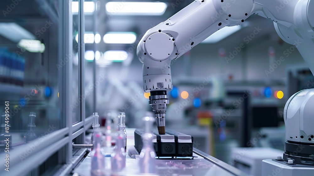 Industrial Robot Arm Operating in a Manufacturing Facility Industrial Robot Arm Operating in a Manufacturing Facility