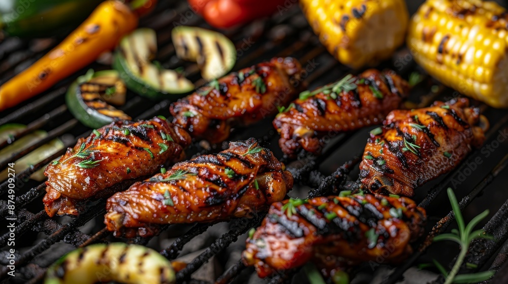 Fototapeta premium Grilling Chicken wings on hot grill. BBQ. Alongside vegetables like bell peppers, zucchini, and corn. Healthy Grilling. 