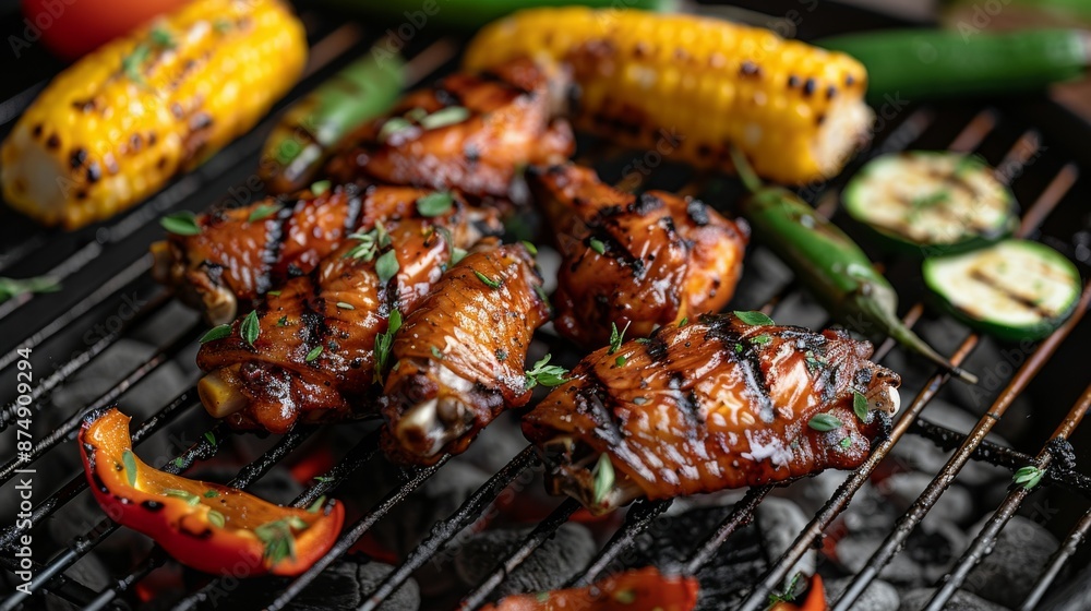 Grilling Chicken wings on hot grill. BBQ. Alongside vegetables like bell peppers, zucchini, and corn. Healthy Grilling.
Grilling Chicken wings on hot grill. BBQ. Alongside vegetables like bell peppers, zucchini, and corn. Healthy Grilling.