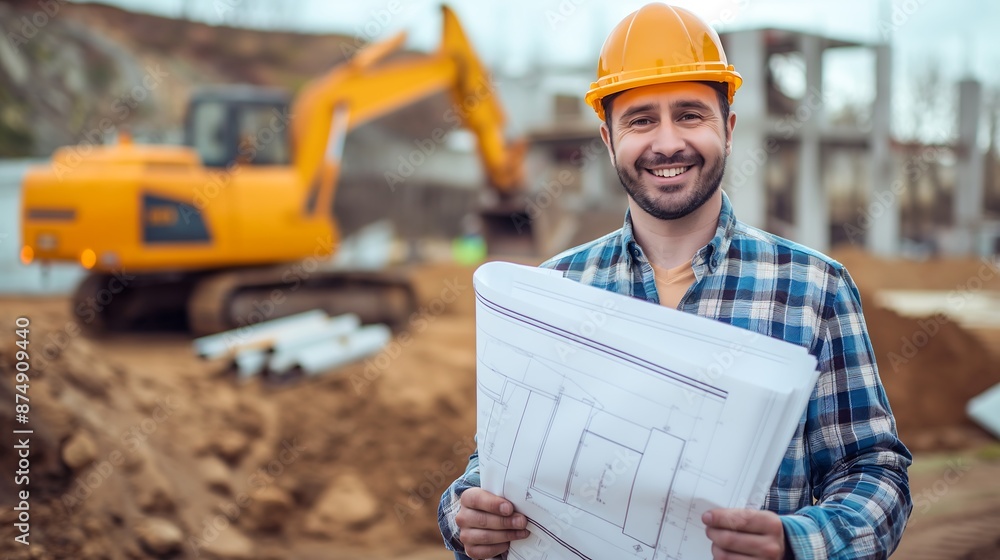 Professional Engineer Smiling with Blueprint in Hand at Construction Site, Demonstrating Leadership and Technical Expertise