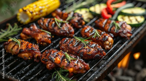 Wallpaper Mural Grilling Chicken wings on hot grill. BBQ. Alongside vegetables like bell peppers, zucchini, and corn. Healthy Grilling.
 Torontodigital.ca