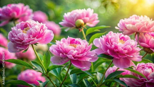 Wallpaper Mural Delicate pink peony flowers in full bloom, surrounded by lush green foliage, in a serene, natural, and slightly blurred background setting. Torontodigital.ca