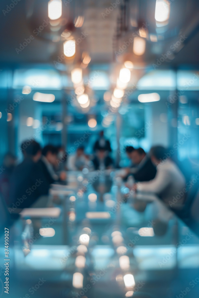 A blurred background captures business people having a meeting in an office. A blurred background captures business people having a meeting in an office.