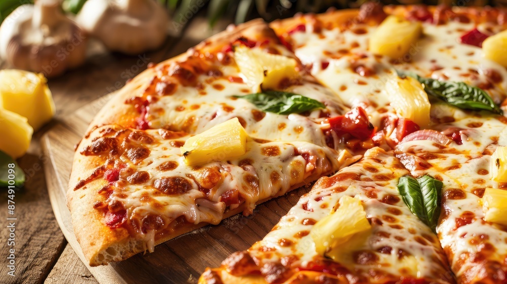 Pineapple pizza on a wooden board, with melty cheese and savory toppings Pineapple pizza on a wooden board, with melty cheese and savory toppings