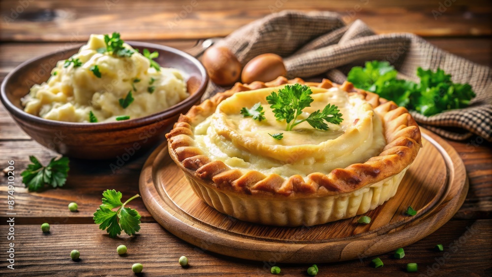 Deliciously arranged plate of steaming hot pie and creamy mashed potatoes, garnished with fresh parsley, on a rustic wooden table. Deliciously arranged plate of steaming hot pie and creamy mashed potatoes, garnished with fresh parsley, on a rustic wooden table.