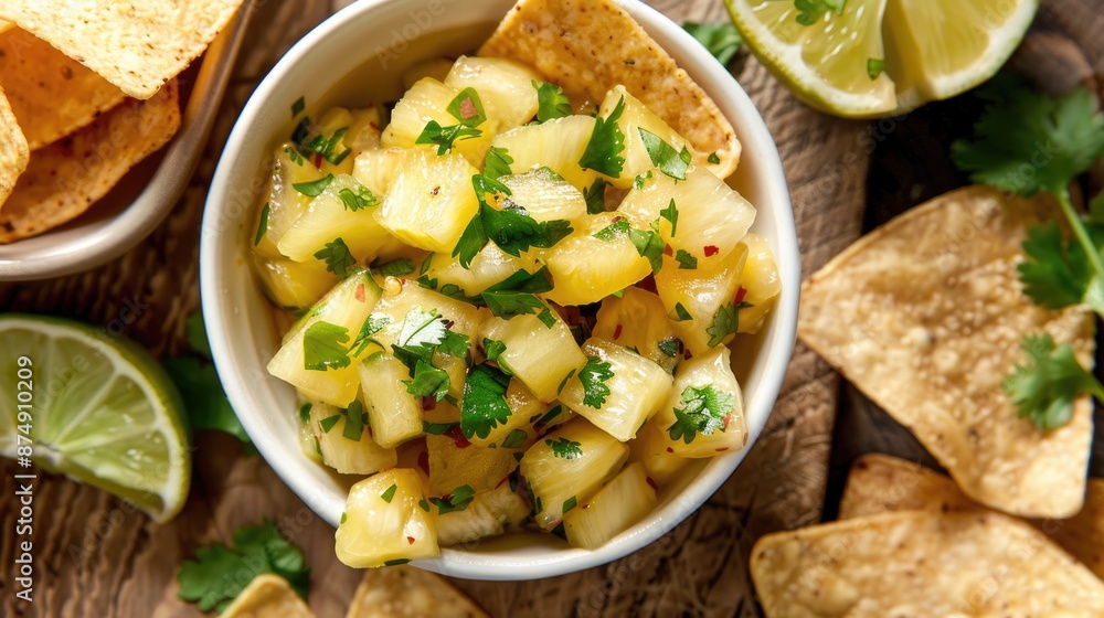 Pineapple salsa in a bowl, served with tortilla chips and garnished with cilantro