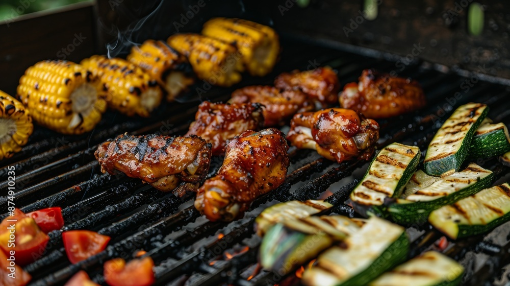 Grilling Chicken wings on hot grill. BBQ. Alongside vegetables like bell peppers, zucchini, and corn. Healthy Grilling.
Grilling Chicken wings on hot grill. BBQ. Alongside vegetables like bell peppers, zucchini, and corn. Healthy Grilling.
