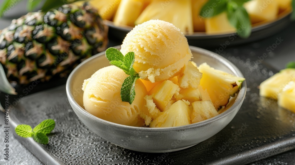 Pineapple sorbet in a small dish, garnished with fresh mint leaves and a pineapple slice