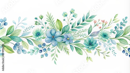 Fototapeta Naklejka Na Ścianę i Meble -  Delicate hand-painted floral motifs blooming with soft blue and green hues forming an elegant watercolor botanical border divider element.