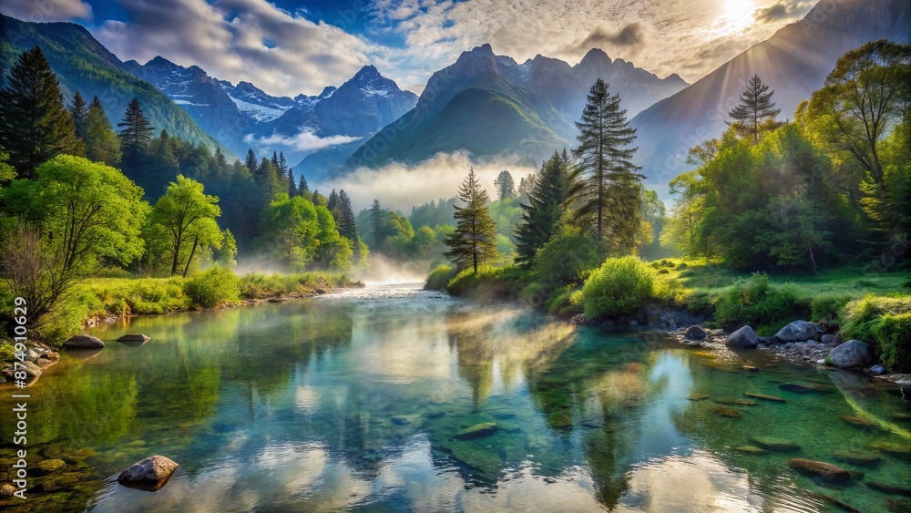 Naklejka premium Serene tranquil scenery featuring a gently flowing crystal clear river surrounded by lush greenery and majestic misty mountains landscape.