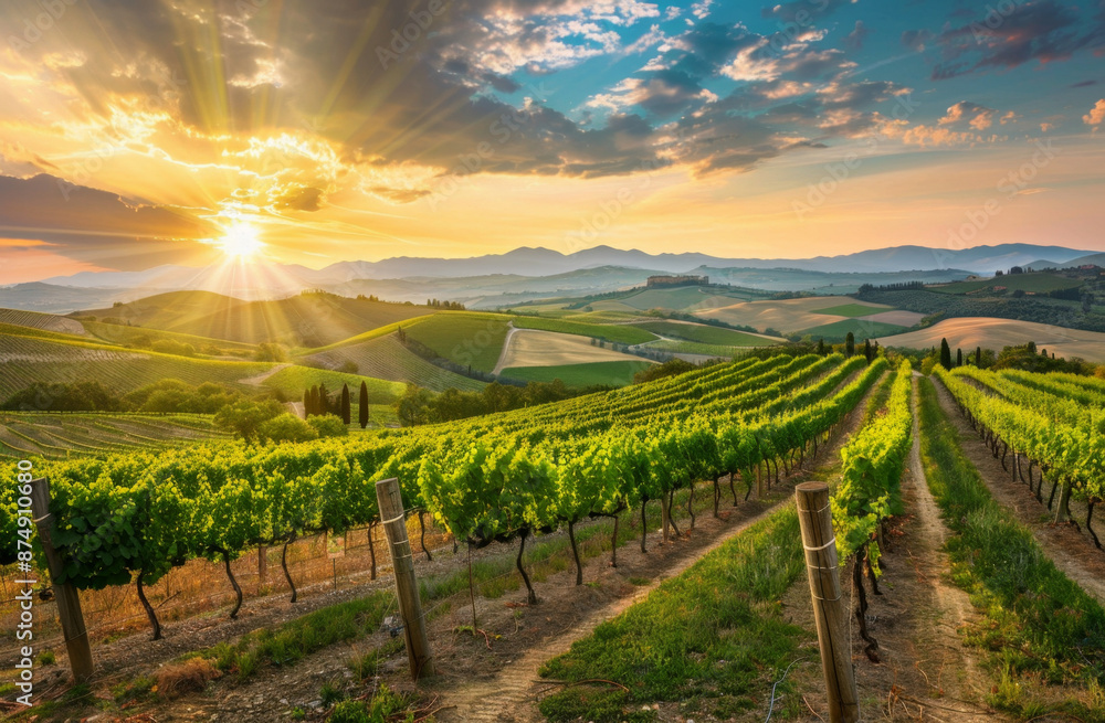 Fototapeta premium Beautiful Sunset Sky in Napa Valley Wine Country on Spring Vineyards , Mountains.