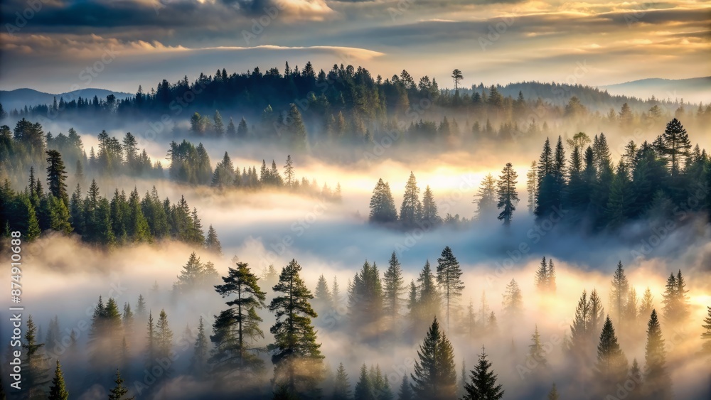 Serenity exudes from a sparse, mist-shrouded forest skyline, where towering trees pierce the sky, surrounded by a sea of silence. Serenity exudes from a sparse, mist-shrouded forest skyline, where towering trees pierce the sky, surrounded by a sea of silence.