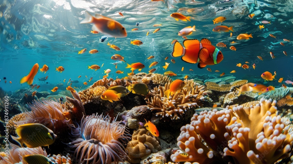 Naklejka premium Schools of fish swimming around a coral reef, creating a mesmerizing display
