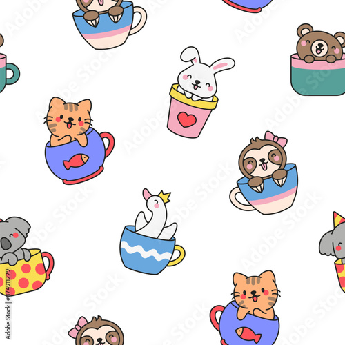Cute kawaii animals in a cup. Seamless pattern. Funny adorable cartoon character. Hand drawn style. Vector drawing. Design ornaments.