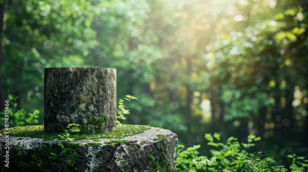 A Mockup Copy Space Background Featured A Lush Green Coniferous Forest And A Sturdy Stone Pedestal A Mockup Copy Space Background Featured A Lush Green Coniferous Forest And A Sturdy Stone Pedestal