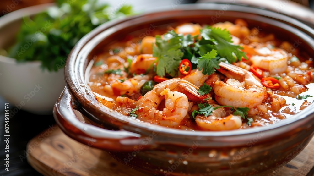 Spicy prawn soup in a clay pot, garnished with fresh cilantro and red chili slices Spicy prawn soup in a clay pot, garnished with fresh cilantro and red chili slices