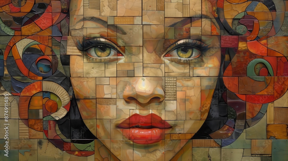 Abstract artistic portrait of a woman's face created with colorful geometric shapes and vibrant patterns, blending traditional and modern styles. Abstract artistic portrait of a woman's face created with colorful geometric shapes and vibrant patterns, blending traditional and modern styles.