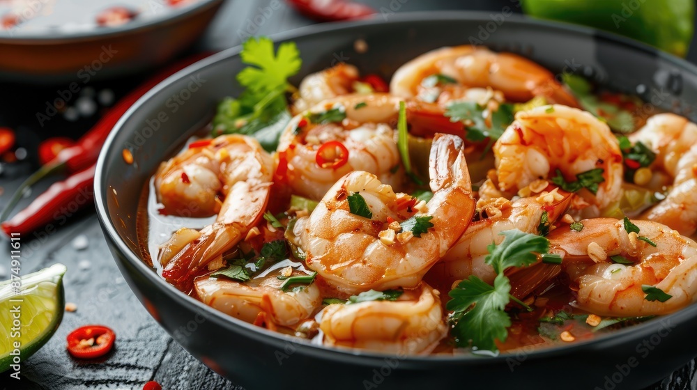 Steaming bowl of spicy prawn soup with fresh herbs, lime wedges, and chili peppers Steaming bowl of spicy prawn soup with fresh herbs, lime wedges, and chili peppers