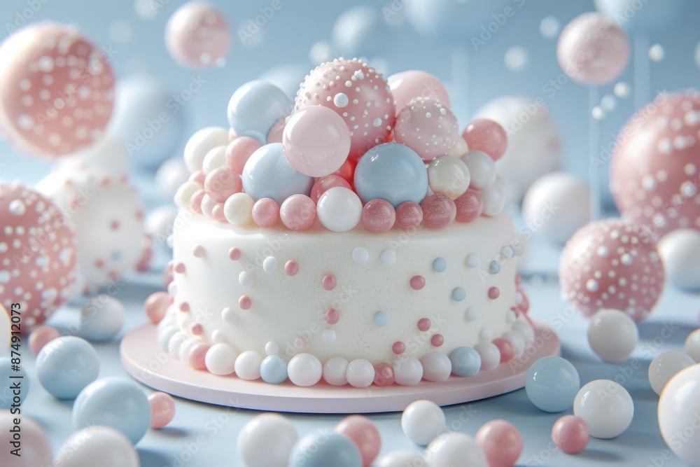 Whimsical white cake with pink and blue decorations creating a playful and festive dessert design. Whimsical white cake with pink and blue decorations creating a playful and festive dessert design.