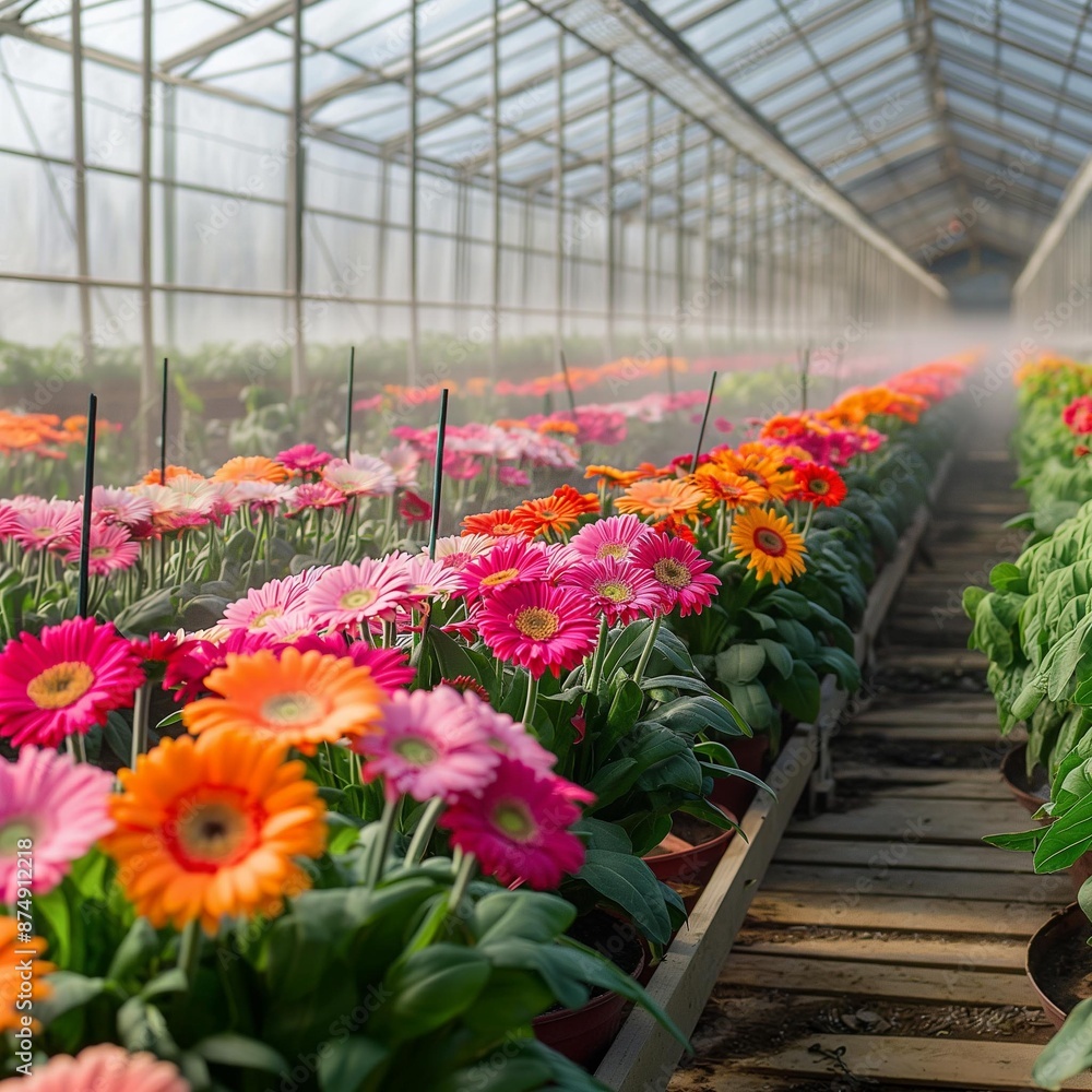 AI generator image of Zinnia flowers,Farmers are growing colorful Zinnia tissues beside the wooden walkway. Long view in the Zinnia farm nursery, glass room. The air is cool. AI generator image of Zinnia flowers,Farmers are growing colorful Zinnia tissues beside the wooden walkway. Long view in the Zinnia farm nursery, glass room. The air is cool.