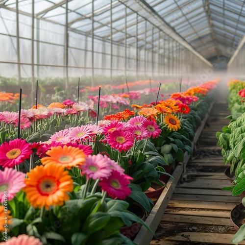 AI generator image of Zinnia flowers,Farmers are growing colorful Zinnia tissues beside the wooden walkway. Long view in the Zinnia farm nursery, glass room. The air is cool.