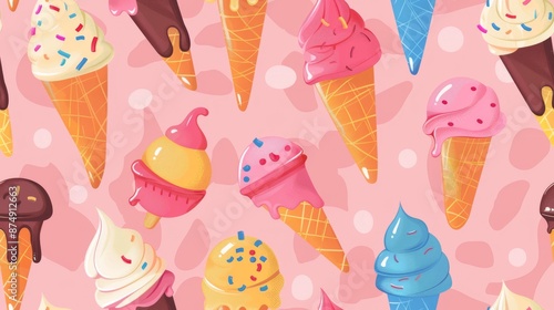 Colorful ice cream cones in various flavors on pink background.