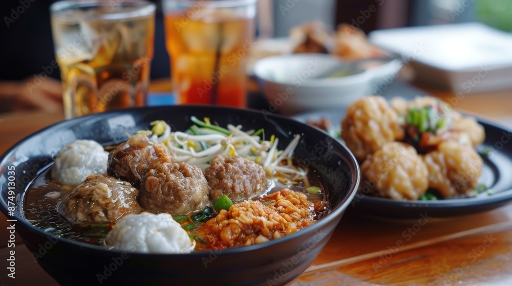 Bowl of savory meatball soup with refreshments nearby. Bowl of savory meatball soup with refreshments nearby.