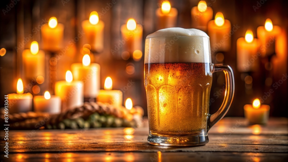 Frothy cold beer in a pint glass with lit candles on top, surrounded by dimly lit, blurred background atmosphere only. Frothy cold beer in a pint glass with lit candles on top, surrounded by dimly lit, blurred background atmosphere only.