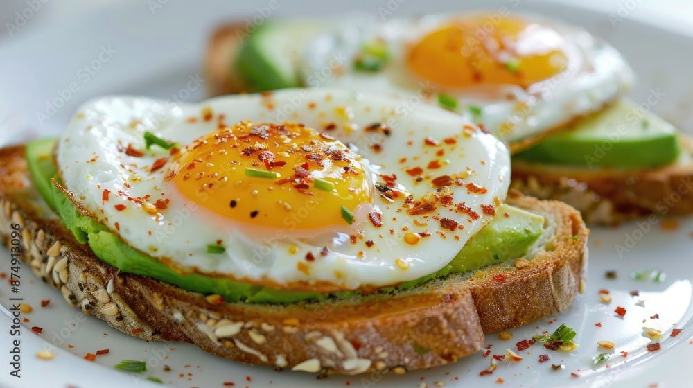 Avocado toast topped with a perfectly fried egg and sprinkled with chili flakes
